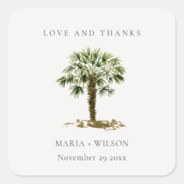 Pegatina Cuadrada Boda Rústico Tropical Beach Palm Tree Gracias