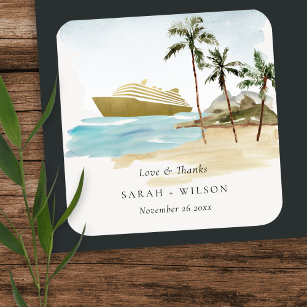 Pegatina Cuadrada Boda Rústico Tropical Seascape Beach Cruise Palm