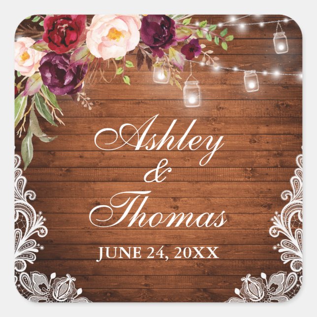 Pegatina Cuadrada Boda Rústico Wood Jar Enciende Lace Floral (Anverso)