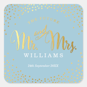 Pegatina Cuadrada BODA SEAL elegante mini oro confetti azul