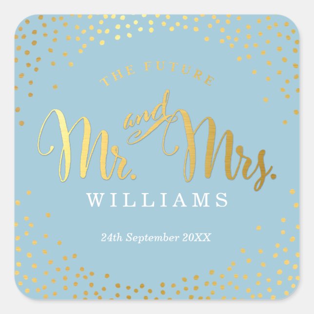 Pegatina Cuadrada BODA SEAL elegante mini oro confetti azul (Anverso)