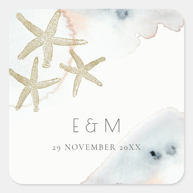 PEGATINA CUADRADA BODA STARFISH MONOGRAM DE LA PLAYA AZUL DOBLE DE O (Anverso)