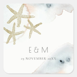 PEGATINA CUADRADA BODA STARFISH MONOGRAM DE LA PLAYA AZUL DOBLE DE O