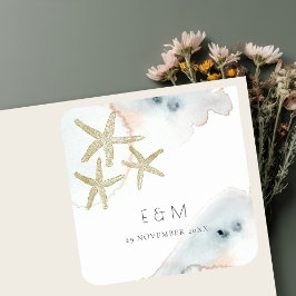 PEGATINA CUADRADA BODA STARFISH MONOGRAM DE LA PLAYA AZUL DOBLE DE O
