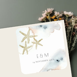 PEGATINA CUADRADA BODA STARFISH MONOGRAM DE LA PLAYA AZUL DOBLE DE O