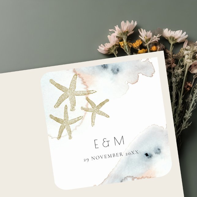 PEGATINA CUADRADA BODA STARFISH MONOGRAM DE LA PLAYA AZUL DOBLE DE O (Subido por el creador)