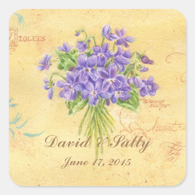 Pegatina Cuadrada Boda Stickers Personalizado Violets Bouquet (Anverso)