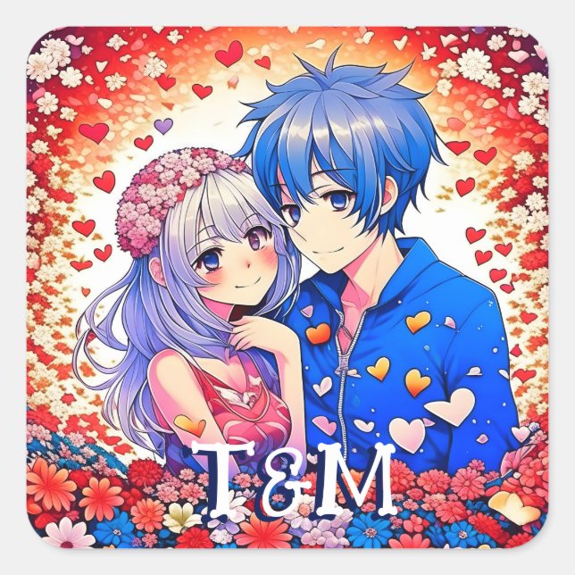 Pegatina Cuadrada Boda tema de Cute Anime (Anverso)