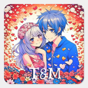Pegatina Cuadrada Boda tema de Cute Anime