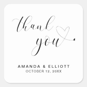Pegatina Cuadrada Boda Tipografía Negro y Blanco Gracias