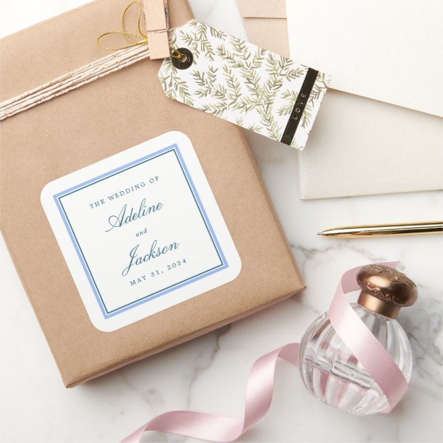 Pegatina Cuadrada Boda tradicional clásico de borde azul (Regalar)