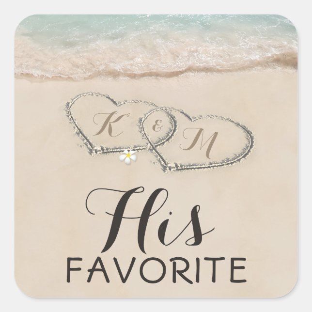 Pegatina Cuadrada Boda Tropical Beach Heart Shore | Su Favorito (Anverso)