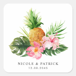 Pegatina Cuadrada Boda Tropical con Acuarela de Piña y Hibisco