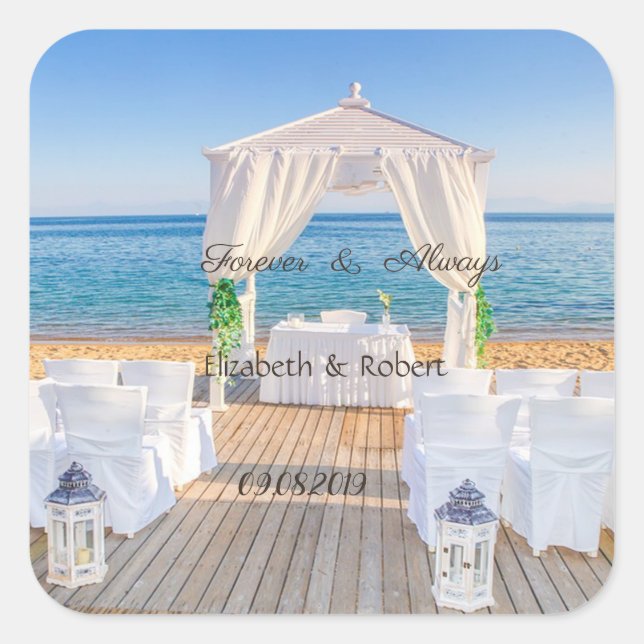 Pegatina Cuadrada Boda Tropical de Playa Arbor (Anverso)