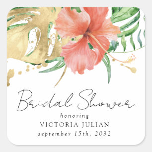Pegatina Cuadrada Boda Tropical Floral Destino Boda Ducha Bridal