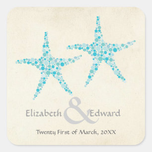 Pegatina Cuadrada Boda Turquoise Aqua Starfish Salvar la fecha