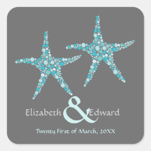 Pegatina Cuadrada Boda Turquoise Aqua Starfish Salvar la fecha