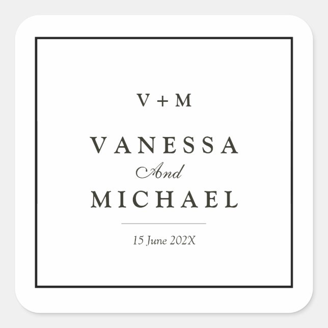 Pegatina Cuadrada Boda único simple de borde negro (Anverso)