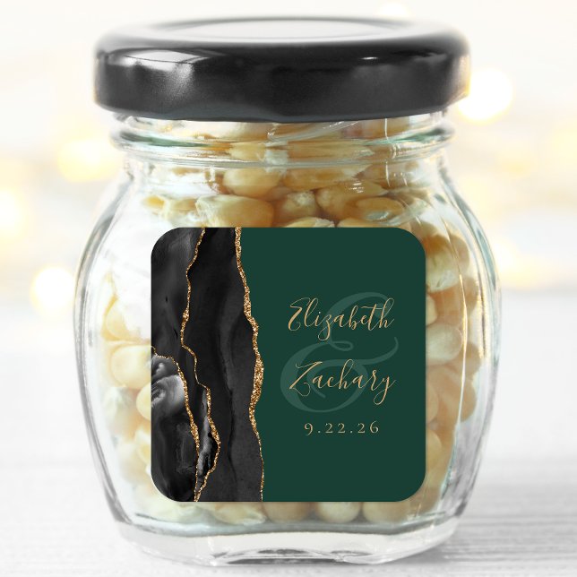 Pegatina Cuadrada Boda verde esmeralda de oro negro con guión de env (Subido por el creador)