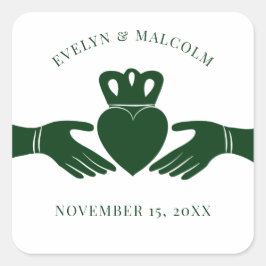 Pegatina Cuadrada Boda verde gráfico simple del anillo del claddagh 