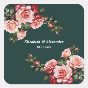 Pegatina Cuadrada Boda verde rosa rosa y rosas rojas moodias oscuras