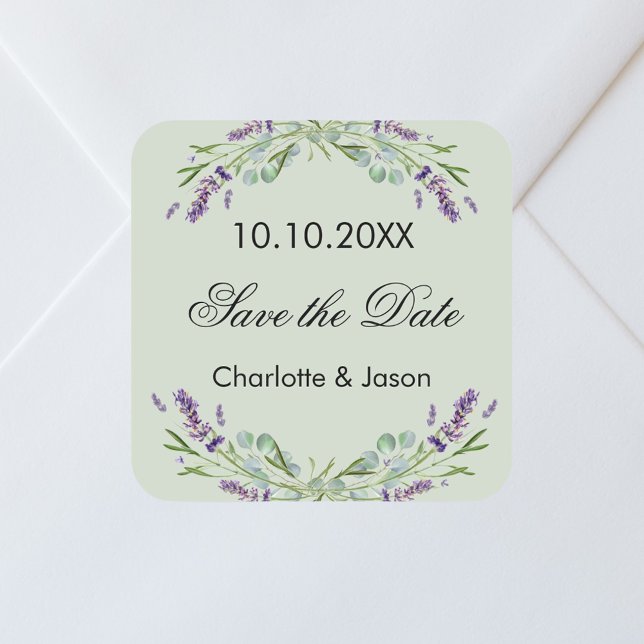 Pegatina Cuadrada Boda verde salva Lavender Salve la fecha (Subido por el creador)