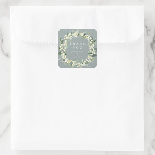 Pegatina Cuadrada Boda Verde Snowberry+Eucalyptus Gracias (Bolso)