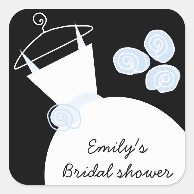 Pegatina Cuadrada Boda vestido azul "ducha de novia" negro cuadrado (Anverso)
