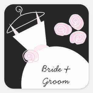 Pegatina Cuadrada Boda vestido de negro rosa "Novia y Groom"