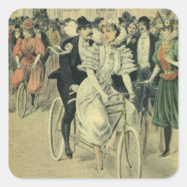 Pegatina Cuadrada Boda victoriana novia y bicicleta recién casada Gr