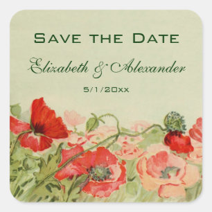 Pegatina Cuadrada Boda Vintage, Flores Amapolas Rojas Save the Date