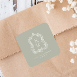 Pegatina Cuadrada Boda Vintage Monograma Cresta Nombres Verde Salvia