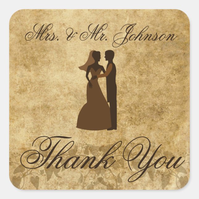Pegatina Cuadrada Boda vintage Novia Groom Gracias (Anverso)