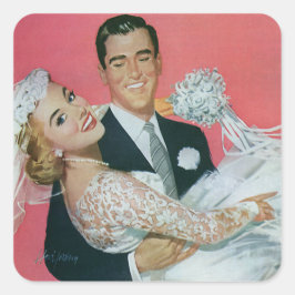 Pegatina Cuadrada Boda Vintage recién casada, Groom llevando novia