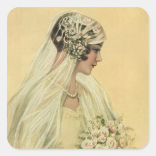 Pegatina Cuadrada Boda Vintage, retrato nupcial de novia victoriana