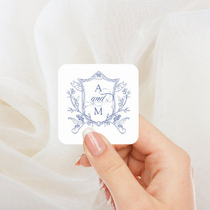 Pegatina Cuadrada Boda Vintage Royal Blue Crest