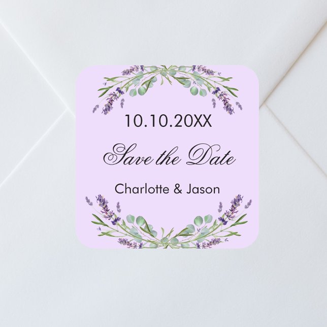 Pegatina Cuadrada Boda violeta Lavender Salven la Fecha (Subido por el creador)