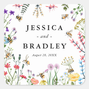 Pegatina Cuadrada Boda Whimsical Wildflower Garden Summer Boho