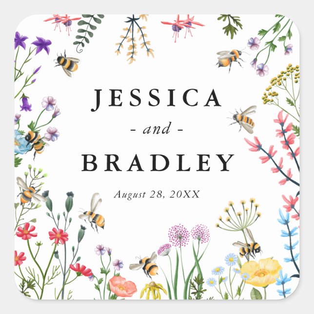 Pegatina Cuadrada Boda Whimsical Wildflower Garden Summer Boho (Anverso)