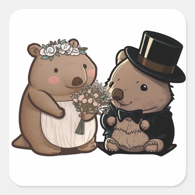 Pegatina Cuadrada Boda Wombat (Anverso)