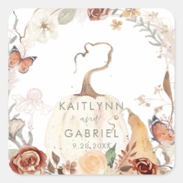 Pegatina Cuadrada Boda Wreath Watercolor de calabaza de flor silvest