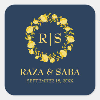 Pegatina Cuadrada Boda zafiro gracia azul y oro