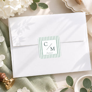 Pegatina Cuadrada Bodas con Monograma de Franjas Verdes Elegantes