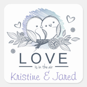 Pegatina Cuadrada Bodas de Amor Purpura Personalizadas de Lovebirds
