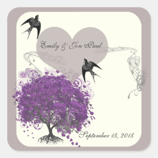 Pegatina Cuadrada Bodas de árbol de hojas de corazón morado