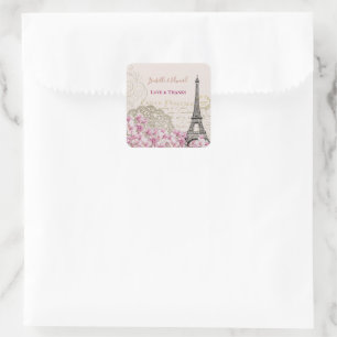 Pegatina Cuadrada Bodas de Flores Rosadas Vintage Torre Eiffel de Pa