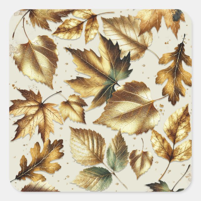 Pegatina Cuadrada Bodas de Otoño Glam Beige Almendra Hojas de Bronce (Anverso)