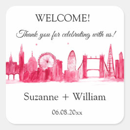 Pegatina Cuadrada Bodas de Pink Favors en el horizonte de Londres In