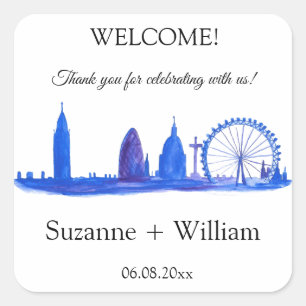 Pegatina Cuadrada Bodas del Skyline Blue Favors de Londres Inglaterr