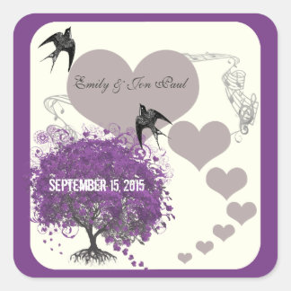 Pegatina Cuadrada Bodas Dusty Purple Mink Heart Leaf Tree